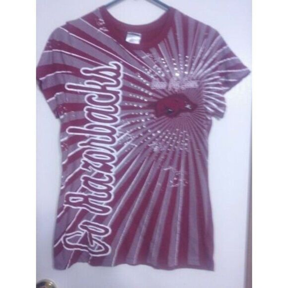Creative Apparel Womens Sz Large Arkansas Razorback T-shirt Red Embellished - Picture 1 of 6